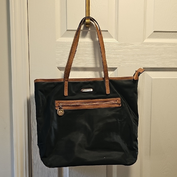 Michael Kors Kempton Blue Nylon Tote Bag with Brown Leather Trim and Gold Trim - Picture 1 of 13